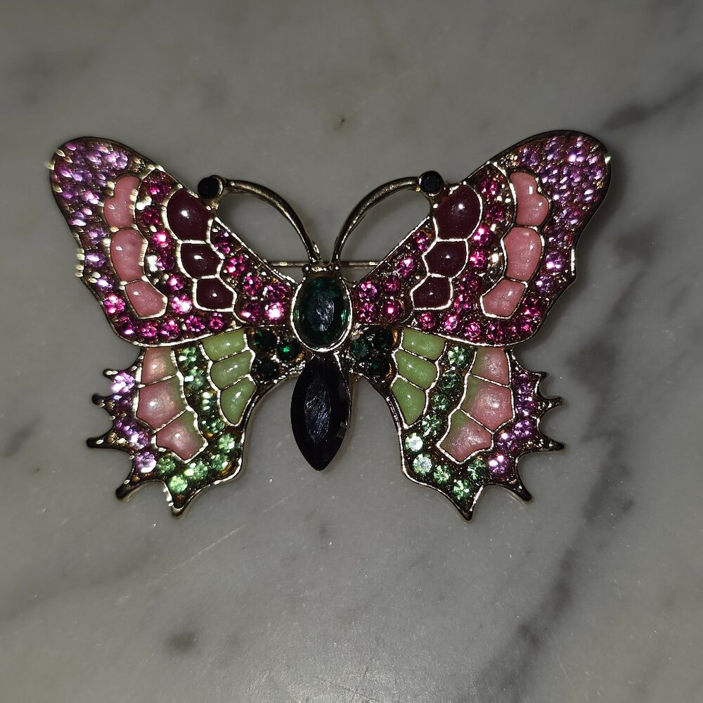 Vintage Multicolor Rhinestone Butterfly Brooch Pink Green Enamel Gold Tone